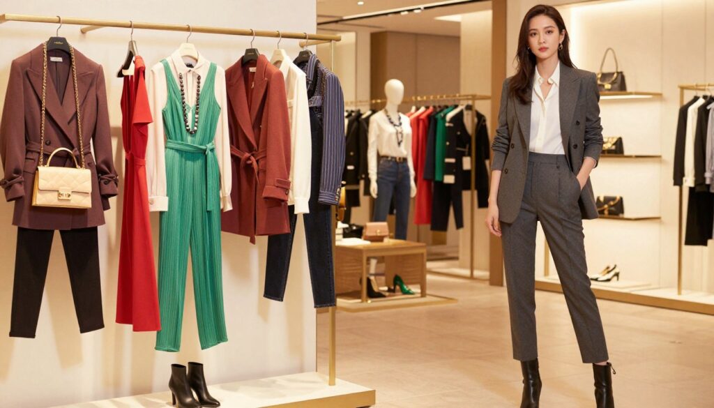 A stylish collage featuring diverse celebrity fashion inspirations. In the foreground, a well-dressed figure stands confidently, showcasing a chic outfit consisting of a tailored blazer, high-waisted trousers, and elegant ankle boots, embodying a modern business casual look. The middle layer features a mannequin or a fashion rack displaying a variety of colorful, on-trend outfits inspired by celebrities, including accessories like statement necklaces and handbags. In the background, an upscale boutique interior with soft lighting highlights the fashion pieces, creating an inviting atmosphere. The scene captures a mood of sophistication and creativity, inviting viewers to explore and recreate these iconic styles. Soft, diffused lighting enhances the textures of the fabrics and reflects the aspirational vibe of celebrity fashion. The perspective should focus on the ensemble while allowing the background to convey a luxurious shopping experience.