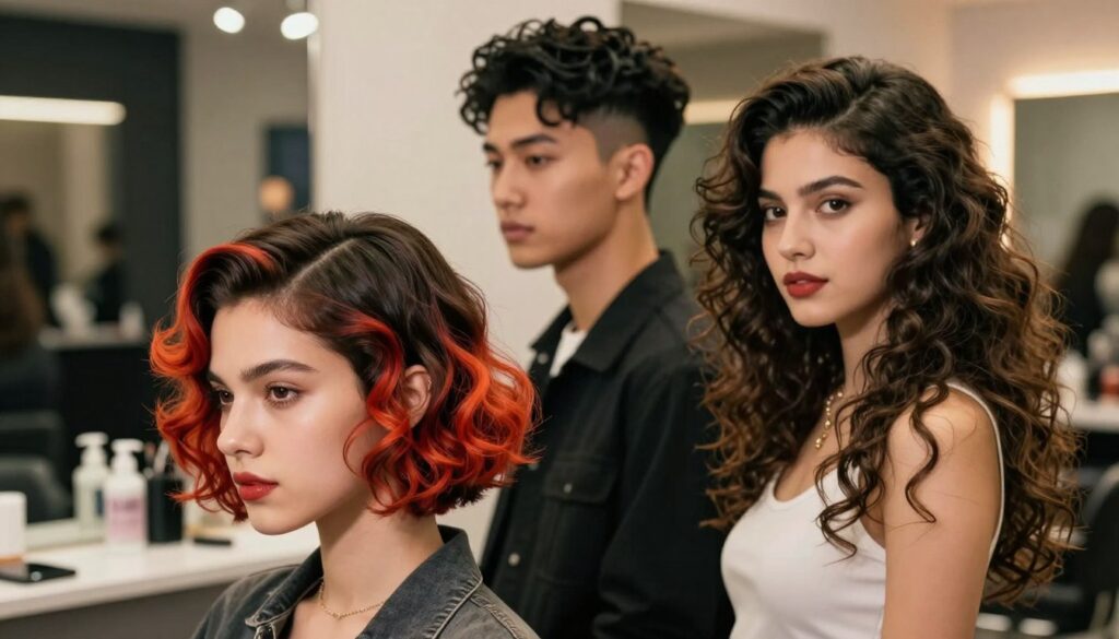 A stylish display of dynamic retro modern hairstyles, featuring a diverse group of three well-groomed individuals showcasing various haircuts. In the foreground, a person with a sleek bob adorned with vintage waves, complemented by bold hair color that adds vibrancy. In the middle ground, another individual sports a high top fade with intricate designs, capturing the essence of modernity, while a third person exhibits flowing long locks with soft curls that evoke a retro vibe. The background features a softly blurred urban salon setting with warm, ambient lighting that enhances the mood of chic sophistication. The composition is shot at a slightly elevated angle, emphasizing the hairstyles while keeping the focus on the subjects' confident expressions in stylish casual attire. A stylish display of dynamic retro modern hairstyles, featuring a diverse group of three well-groomed individuals showcasing various haircuts. In the foreground, a person with a sleek bob adorned with vintage waves, complemented by bold hair color that adds vibrancy. In the middle ground, another individual sports a high top fade with intricate designs, capturing the essence of modernity, while a third person exhibits flowing long locks with soft curls that evoke a retro vibe. The background features a softly blurred urban salon setting with warm, ambient lighting that enhances the mood of chic sophistication. The composition is shot at a slightly elevated angle, emphasizing the hairstyles while keeping the focus on the subjects' confident expressions in stylish casual attire.