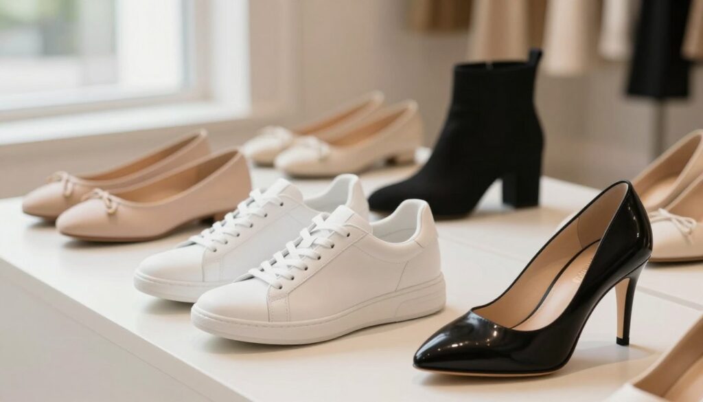 A stylish display of essential footwear for women, showcasing a variety of sneakers and heels. In the foreground, feature a pair of trendy white sneakers with subtle textures and details, complemented by a classic black stiletto heel with a glossy finish. In the middle, arrange a few additional footwear options, like a comfortable ballet flat and a chic ankle boot, all set upon a clean, elegant backdrop. The background should be softly blurred, hinting at a warm, inviting room with natural light pouring in through a window. Use a shallow depth of field to create focus on the shoes, creating a mood of versatility and sophistication. Capture the essence of modern fashion, emphasizing the balance between comfort and style in essential footwear. A stylish display of essential footwear for women, showcasing a variety of sneakers and heels. In the foreground, feature a pair of trendy white sneakers with subtle textures and details, complemented by a classic black stiletto heel with a glossy finish. In the middle, arrange a few additional footwear options, like a comfortable ballet flat and a chic ankle boot, all set upon a clean, elegant backdrop. The background should be softly blurred, hinting at a warm, inviting room with natural light pouring in through a window. Use a shallow depth of field to create focus on the shoes, creating a mood of versatility and sophistication. Capture the essence of modern fashion, emphasizing the balance between comfort and style in essential footwear.