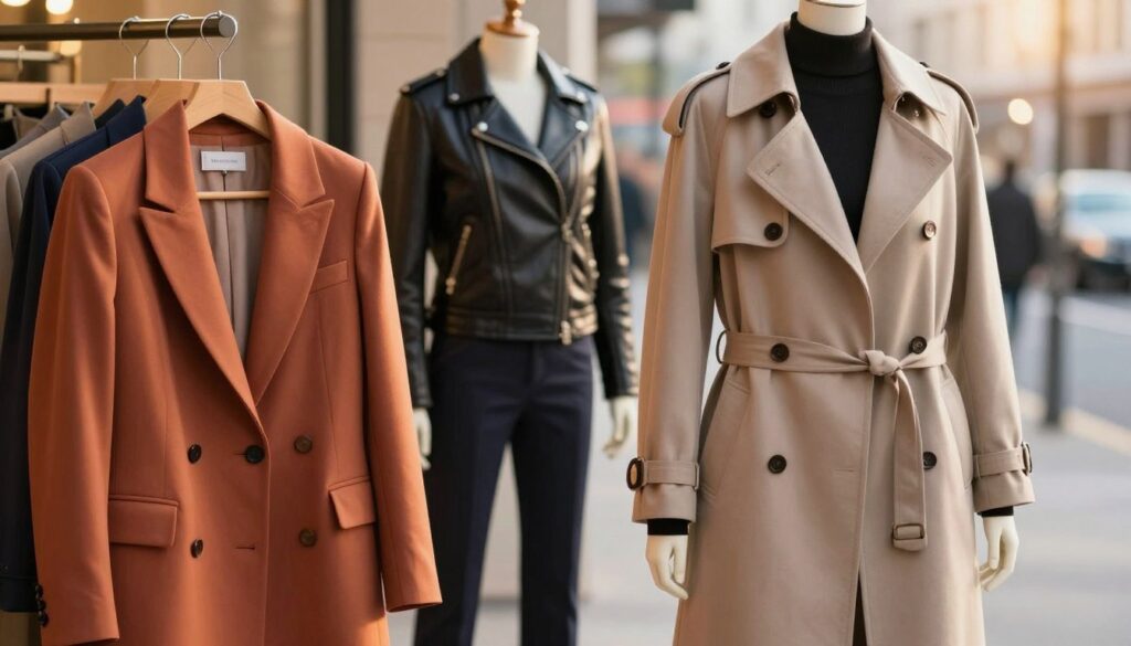 A stylish display of outerwear essentials for women, showcasing blazers, jackets, and coats in an inviting urban setting. In the foreground, feature a tailored blazer in a vibrant color with structured shoulders, hanging on a sleek clothing rack. A chic trench coat in a neutral tone is draped elegantly nearby. In the middle ground, include a stylish leather jacket with decorative zippers and a soft wool coat, both showcased on mannequins. The background should depict a softly blurred city street environment, hinting at a modern and fashionable atmosphere. The lighting is warm and inviting, mimicking golden hour, with a focus on the textures of the fabrics. Capture the scene from a slightly elevated angle, emphasizing the layers and creating a polished, aspirational vibe. A stylish display of outerwear essentials for women, showcasing blazers, jackets, and coats in an inviting urban setting. In the foreground, feature a tailored blazer in a vibrant color with structured shoulders, hanging on a sleek clothing rack. A chic trench coat in a neutral tone is draped elegantly nearby. In the middle ground, include a stylish leather jacket with decorative zippers and a soft wool coat, both showcased on mannequins. The background should depict a softly blurred city street environment, hinting at a modern and fashionable atmosphere. The lighting is warm and inviting, mimicking golden hour, with a focus on the textures of the fabrics. Capture the scene from a slightly elevated angle, emphasizing the layers and creating a polished, aspirational vibe.