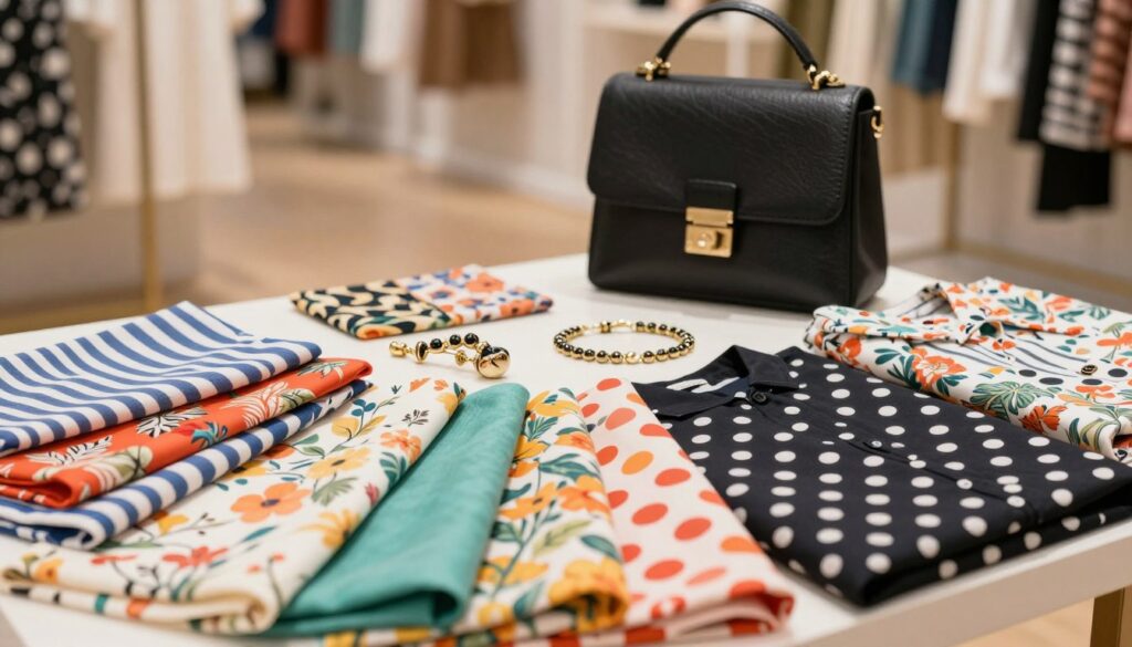 A stylish display of shopping tips for mixing prints, featuring an elegant flat lay setup. In the foreground, showcase an assortment of vibrant fabric swatches and clothing items with a variety of patterns such as stripes, florals, and polka dots, all neatly arranged. In the middle, include fashion accessories like a chic handbag and statement jewelry that complement the prints. The background should be a soft, blurred out boutique setting with warm, natural lighting that creates an inviting atmosphere. Use a shallow depth of field to draw attention to the foreground elements, evoking a sense of sophistication and creativity, ideal for pattern enthusiasts looking for style inspiration. A stylish display of shopping tips for mixing prints, featuring an elegant flat lay setup. In the foreground, showcase an assortment of vibrant fabric swatches and clothing items with a variety of patterns such as stripes, florals, and polka dots, all neatly arranged. In the middle, include fashion accessories like a chic handbag and statement jewelry that complement the prints. The background should be a soft, blurred out boutique setting with warm, natural lighting that creates an inviting atmosphere. Use a shallow depth of field to draw attention to the foreground elements, evoking a sense of sophistication and creativity, ideal for pattern enthusiasts looking for style inspiration.