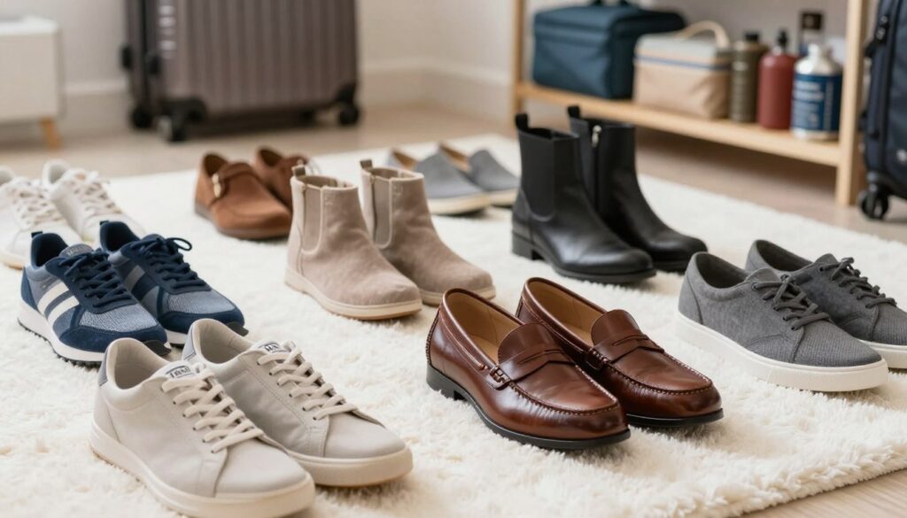 A stylish display of various smart footwear selections arranged aesthetically on a plush white surface, showcasing a mix of comfortable sneakers, elegant loafers, and versatile ankle boots. In the foreground, focus on a sleek pair of leather loafers with subtle detailing, complemented by a trendy sneaker made of breathable fabric. The middle layer features a cozy pair of ankle boots alongside a lightweight slip-on. In the background, a blurred shelf filled with neatly arranged travel essentials enhances the travel theme. Soft, natural lighting illuminates the scene, emphasizing the textures and colors of the footwear, creating a warm and inviting atmosphere. The overall mood should convey a sense of readiness and style for air travel.