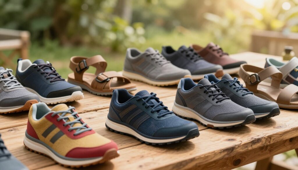 A stylish display of various travel shoes arranged on a natural wooden surface, showcasing a variety of designs including sneakers, sandals, and lightweight walking shoes. In the foreground, highlight one or two pairs with vibrant colors and textures. The middle section features a diverse selection of shoes in both casual and semi-formal styles, showcasing their travel-friendly attributes like lightweight materials and supportive soles. The background captures a soft-focus outdoor scene, hinting at a travel destination with gentle sunlight filtering through lush greenery, evoking a sense of adventure and comfort. The overall atmosphere is inviting and warm, suggesting a perfect blend of style and practicality for the modern traveler.
