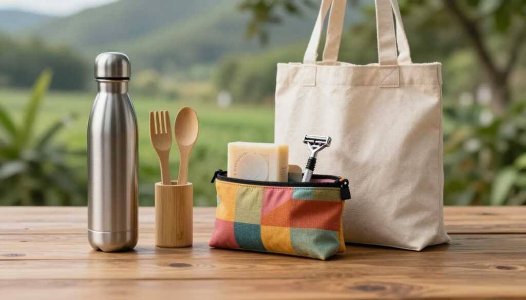 A stylish, eco-conscious travel kit arranged on a wooden table, highlighting advanced zero waste travel tips. In the foreground, a sleek stainless steel water bottle, reusable bamboo utensils, and a foldable tote bag are neatly displayed. In the middle, a compact, eco-friendly personal care kit, featuring biodegradable soap bars and a metal safety razor, sits organized in a colorful fabric pouch. The background is softly blurred, showcasing a serene natural landscape with lush greenery, suggesting an environmentally friendly lifestyle. Soft, natural lighting casts a warm glow, enhancing the earthy tones of the products. The mood is inspiring and practical, embodying a balanced, sustainable approach to travel. A stylish, eco-conscious travel kit arranged on a wooden table, highlighting advanced zero waste travel tips. In the foreground, a sleek stainless steel water bottle, reusable bamboo utensils, and a foldable tote bag are neatly displayed. In the middle, a compact, eco-friendly personal care kit, featuring biodegradable soap bars and a metal safety razor, sits organized in a colorful fabric pouch. The background is softly blurred, showcasing a serene natural landscape with lush greenery, suggesting an environmentally friendly lifestyle. Soft, natural lighting casts a warm glow, enhancing the earthy tones of the products. The mood is inspiring and practical, embodying a balanced, sustainable approach to travel.