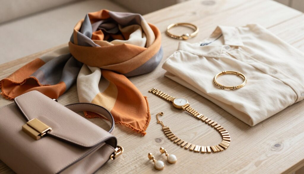 A stylish flat lay arrangement showcasing a variety of accessories for different outfits. In the foreground, include a chic handbag, a pair of elegant earrings, and a statement necklace. In the middle, display a color-coordinated scarf, a fashionable watch, and a set of bracelets arranged artfully around a neatly folded blouse. In the background, softly blurred, is a textured surface that could resemble a wooden table or fabric, providing a cozy atmosphere. Natural, diffused lighting illuminates the scene, creating gentle shadows that add depth and warmth. The overall mood is inviting and sophisticated, ideal for understanding the basics of accessorizing for any occasion. The image should be clean and uncluttered, focusing on the harmony of colors and textures without any text or additional elements. A stylish flat lay arrangement showcasing a variety of accessories for different outfits. In the foreground, include a chic handbag, a pair of elegant earrings, and a statement necklace. In the middle, display a color-coordinated scarf, a fashionable watch, and a set of bracelets arranged artfully around a neatly folded blouse. In the background, softly blurred, is a textured surface that could resemble a wooden table or fabric, providing a cozy atmosphere. Natural, diffused lighting illuminates the scene, creating gentle shadows that add depth and warmth. The overall mood is inviting and sophisticated, ideal for understanding the basics of accessorizing for any occasion. The image should be clean and uncluttered, focusing on the harmony of colors and textures without any text or additional elements.