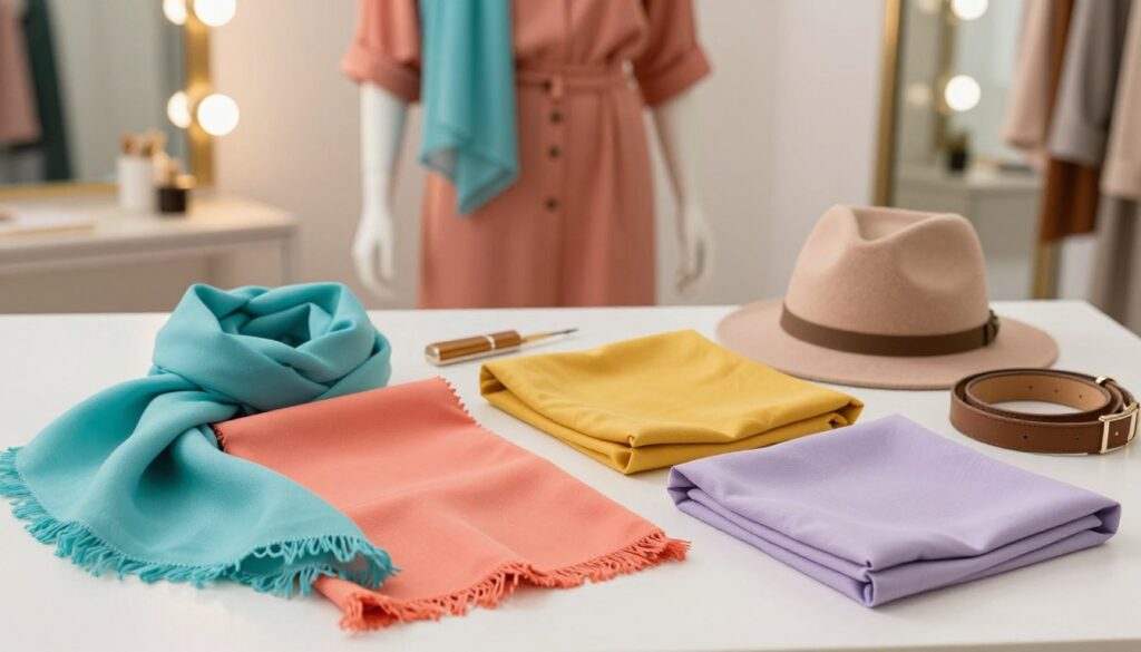 A stylish flat lay composition showcasing a palette of fashionable colors and textures for outfit combinations. In the foreground, neatly arranged fabric swatches of vibrant colors like turquoise, coral, mustard yellow, and soft lavender are displayed alongside matching accessories such as scarves, hats, and belts. In the middle ground, an elegant mannequin dressed in a chic outfit that creatively incorporates these colors suggests harmony and balance. The background features a softly blurred dressing room setting with stylish mirrors and ambient lighting, creating a warm, inviting atmosphere. The focus is on promoting creativity and experimentation with color, while the overall mood is inspiring and fresh. The image should be well-lit, emphasizing the textures and tones, captured from a slightly elevated angle to enhance depth. A stylish flat lay composition showcasing a palette of fashionable colors and textures for outfit combinations. In the foreground, neatly arranged fabric swatches of vibrant colors like turquoise, coral, mustard yellow, and soft lavender are displayed alongside matching accessories such as scarves, hats, and belts. In the middle ground, an elegant mannequin dressed in a chic outfit that creatively incorporates these colors suggests harmony and balance. The background features a softly blurred dressing room setting with stylish mirrors and ambient lighting, creating a warm, inviting atmosphere. The focus is on promoting creativity and experimentation with color, while the overall mood is inspiring and fresh. The image should be well-lit, emphasizing the textures and tones, captured from a slightly elevated angle to enhance depth.