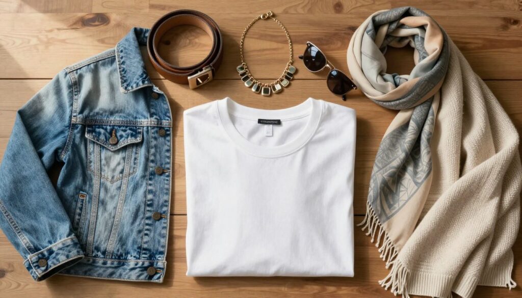 A stylish flat lay featuring various layering techniques for a classic white tee. In the foreground, a neatly folded white tee is centered, surrounded by a lightweight denim jacket, a soft knit cardigan, and a chic scarf in complementary colors. In the middle, arrange accessories like a statement necklace, a belt, and a pair of trendy sunglasses that enhance the outfit's appeal. The background consists of a textured wooden surface, evoking a warm, cozy atmosphere. Soft, natural lighting cascades from the left, creating gentle shadows that add depth to the composition. The image captures a laid-back yet fashionable vibe, perfect for showcasing versatile styling options for white tees without any text or distractions. A stylish flat lay featuring various layering techniques for a classic white tee. In the foreground, a neatly folded white tee is centered, surrounded by a lightweight denim jacket, a soft knit cardigan, and a chic scarf in complementary colors. In the middle, arrange accessories like a statement necklace, a belt, and a pair of trendy sunglasses that enhance the outfit's appeal. The background consists of a textured wooden surface, evoking a warm, cozy atmosphere. Soft, natural lighting cascades from the left, creating gentle shadows that add depth to the composition. The image captures a laid-back yet fashionable vibe, perfect for showcasing versatile styling options for white tees without any text or distractions.