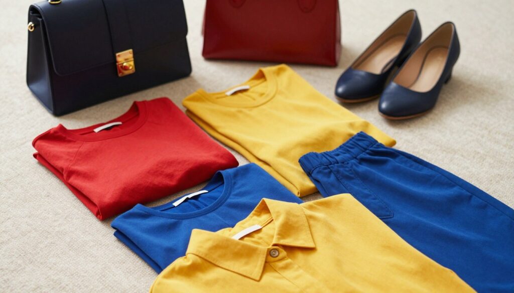 A stylish flat lay of a color-blocked outfit that illustrates flattering color blocking techniques. In the foreground, a well-organized spread of neatly folded clothing items showcasing vibrant colors such as bold red, deep blue, and bright yellow, harmoniously paired together. In the middle ground, a pair of chic accessories like a statement handbag and matching shoes, accentuating the outfit. The background features a soft, neutral textured surface to enhance the vibrancy of the colors. Soft, diffused natural lighting highlights the textures and fabrics, creating an inviting atmosphere. The composition is taken from a top-down angle, emphasizing the balance and harmony of the color-blocking techniques, inspiring a mood of creativity and style. A stylish flat lay of a color-blocked outfit that illustrates flattering color blocking techniques. In the foreground, a well-organized spread of neatly folded clothing items showcasing vibrant colors such as bold red, deep blue, and bright yellow, harmoniously paired together. In the middle ground, a pair of chic accessories like a statement handbag and matching shoes, accentuating the outfit. The background features a soft, neutral textured surface to enhance the vibrancy of the colors. Soft, diffused natural lighting highlights the textures and fabrics, creating an inviting atmosphere. The composition is taken from a top-down angle, emphasizing the balance and harmony of the color-blocking techniques, inspiring a mood of creativity and style.
