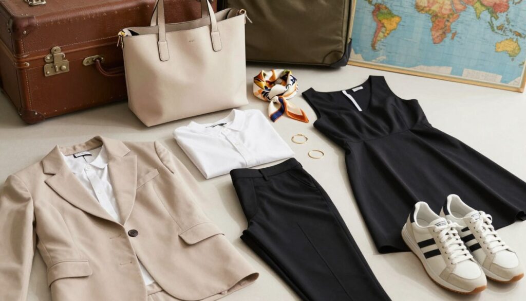 A stylish flat lay of capsule wardrobe essentials for women, perfect for jetsetters. Foreground features neatly folded versatile pieces: a tailored blazer, a classic white shirt, tailored black pants, a chic midi dress, and comfortable yet stylish sneakers. In the middle, add elegant accessories like a minimalist tote bag, a silk scarf, and simple gold jewelry. The background showcases a travel motif, such as a vintage suitcase and a world map partially visible, creating an adventurous atmosphere. Soft, natural lighting bathes the scene, casting gentle shadows and highlighting textures. Use a shallow depth of field to focus on the clothing items while slightly blurring the background, evoking a sense of wanderlust and sophistication. A stylish flat lay of capsule wardrobe essentials for women, perfect for jetsetters. Foreground features neatly folded versatile pieces: a tailored blazer, a classic white shirt, tailored black pants, a chic midi dress, and comfortable yet stylish sneakers. In the middle, add elegant accessories like a minimalist tote bag, a silk scarf, and simple gold jewelry. The background showcases a travel motif, such as a vintage suitcase and a world map partially visible, creating an adventurous atmosphere. Soft, natural lighting bathes the scene, casting gentle shadows and highlighting textures. Use a shallow depth of field to focus on the clothing items while slightly blurring the background, evoking a sense of wanderlust and sophistication.
