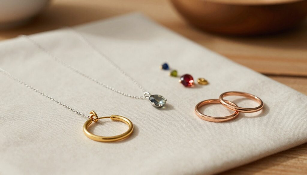 A stylish flat lay of elegant, simple jewelry pieces that embody today's trends. Foreground features a delicate gold hoop earring, a minimalist silver chain necklace, and a stacked set of thin rose gold rings, arranged aesthetically on a soft, neutral fabric. In the middle, include subtle elements like small, vibrant gemstones and a few simple charms that reflect contemporary design. In the background, a blurred wooden table enhances the earthy and organic feel, conveying a sense of everyday luxury. Warm, natural lighting casts gentle shadows, giving the image a serene and inviting atmosphere. The composition should feel cohesive and effortless, showcasing the harmony between simplicity and modern elegance in jewelry design. A stylish flat lay of elegant, simple jewelry pieces that embody today's trends. Foreground features a delicate gold hoop earring, a minimalist silver chain necklace, and a stacked set of thin rose gold rings, arranged aesthetically on a soft, neutral fabric. In the middle, include subtle elements like small, vibrant gemstones and a few simple charms that reflect contemporary design. In the background, a blurred wooden table enhances the earthy and organic feel, conveying a sense of everyday luxury. Warm, natural lighting casts gentle shadows, giving the image a serene and inviting atmosphere. The composition should feel cohesive and effortless, showcasing the harmony between simplicity and modern elegance in jewelry design.