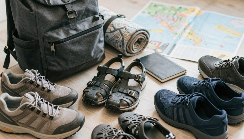 A stylish flat lay of essential travel shoes surrounded by elements conveying comfort and practicality. In the foreground, feature a variety of shoes: sturdy sneakers, breathable sandals, and sleek walking shoes, all showcasing supportive features like arch support and cushioned soles. The middle layer includes travel accessories such as a lightweight backpack, a rolled-up travel blanket, and a travel journal, hinting at adventure. The background features a soft-focus map and travel guides, evoking a sense of wanderlust. Use warm, natural lighting to create an inviting atmosphere, with a slight overhead angle to capture all elements harmoniously. The scene should resonate with a feeling of ease and readiness for exploration, perfect for illustrating criteria for choosing travel shoes.