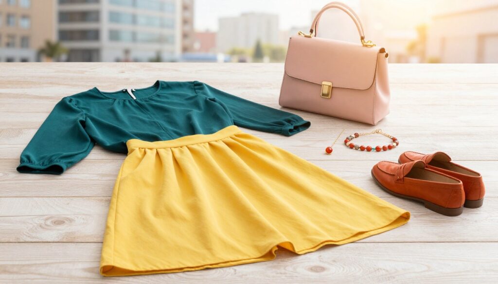 A stylish flat lay of innovative outfit color combinations, showcasing an array of fashionable clothing pieces neatly arranged on a textured, light wooden surface. The foreground features a selection of garments in vibrant shades: a deep teal blouse, a sunflower yellow skirt, and a pair of rust-orange loafers, highlighting the harmony in contrasting colors. In the middle, complementing accessories like a pastel pink handbag and coordinated jewelry create a cohesive look. The background presents a softly blurred urban scene with gentle daylight filtering through, casting a warm glow over the composition. The overall mood is fresh and inviting, perfect for inspiring new outfit ideas while ensuring a clear focus on color combinations, free from any text or distractions. A stylish flat lay of innovative outfit color combinations, showcasing an array of fashionable clothing pieces neatly arranged on a textured, light wooden surface. The foreground features a selection of garments in vibrant shades: a deep teal blouse, a sunflower yellow skirt, and a pair of rust-orange loafers, highlighting the harmony in contrasting colors. In the middle, complementing accessories like a pastel pink handbag and coordinated jewelry create a cohesive look. The background presents a softly blurred urban scene with gentle daylight filtering through, casting a warm glow over the composition. The overall mood is fresh and inviting, perfect for inspiring new outfit ideas while ensuring a clear focus on color combinations, free from any text or distractions.