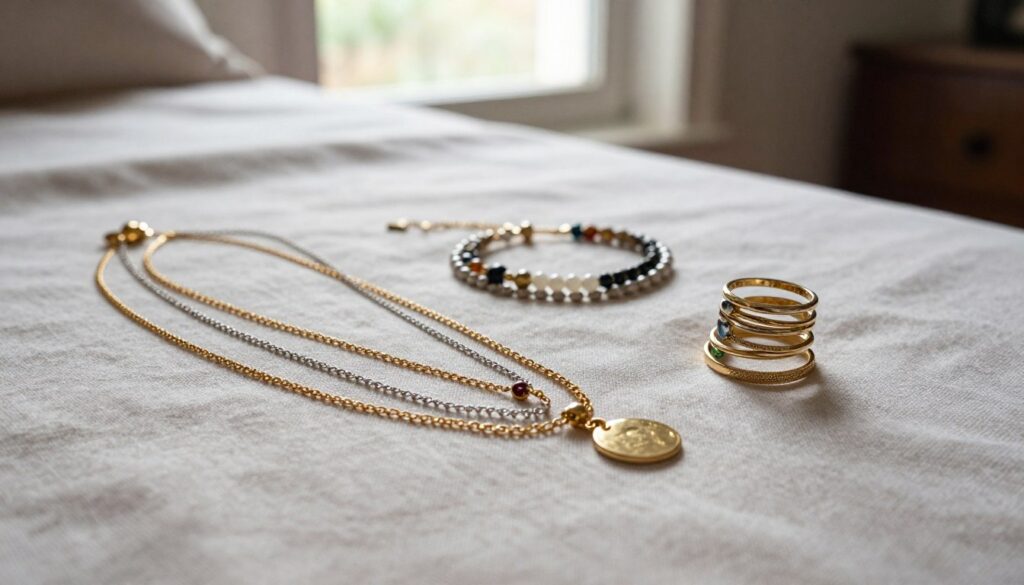 A stylish flat lay of layered and mixed jewelry pieces on a soft, textured fabric background. In the foreground, a collection of delicate gold and silver necklaces of varying lengths gracefully drape over each other, adorned with minimalist pendants and charms. Next to them, stacked rings with different finishes and subtle colorful gemstones form a small, elegant pyramid. In the middle ground, dainty bracelets are intertwined, showcasing a variety of textures like chains and beads. The background features a softly blurred interior with natural light filtering through an open window, creating a warm and inviting atmosphere. The mood conveys creativity and personal style, perfect for everyday looks. The lens captures an intimate close-up angle, highlighting the details of the jewelry pieces. A stylish flat lay of layered and mixed jewelry pieces on a soft, textured fabric background. In the foreground, a collection of delicate gold and silver necklaces of varying lengths gracefully drape over each other, adorned with minimalist pendants and charms. Next to them, stacked rings with different finishes and subtle colorful gemstones form a small, elegant pyramid. In the middle ground, dainty bracelets are intertwined, showcasing a variety of textures like chains and beads. The background features a softly blurred interior with natural light filtering through an open window, creating a warm and inviting atmosphere. The mood conveys creativity and personal style, perfect for everyday looks. The lens captures an intimate close-up angle, highlighting the details of the jewelry pieces.