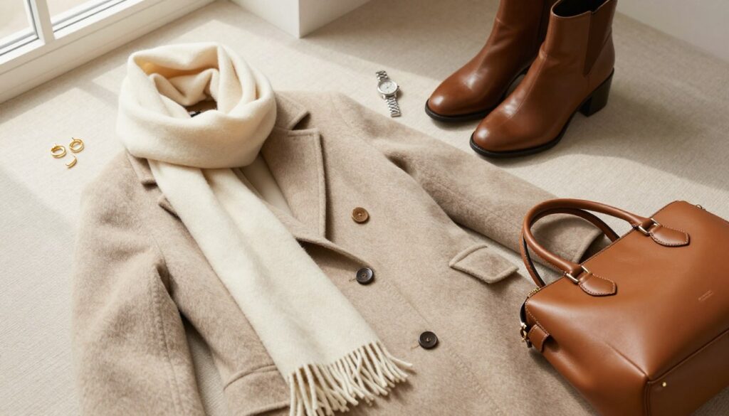 A stylish flat lay showcasing quality outerwear and signature accessories for a minimalist wardrobe. In the foreground, feature a tailored wool coat in a muted beige, draped elegantly over a soft cream cashmere scarf, paired with a sleek leather handbag in rich caramel. In the middle ground, display a pair of polished leather ankle boots and a delicate silver watch alongside minimalistic gold hoop earrings. The background should be a subtle, textured fabric in warm tones to enhance the luxurious feel. Soft, diffused natural light streams in from a nearby window, creating gentle shadows and highlighting the textures of the materials. The atmosphere is sophisticated yet approachable, embodying the essence of investment pieces for a timeless wardrobe. A stylish flat lay showcasing quality outerwear and signature accessories for a minimalist wardrobe. In the foreground, feature a tailored wool coat in a muted beige, draped elegantly over a soft cream cashmere scarf, paired with a sleek leather handbag in rich caramel. In the middle ground, display a pair of polished leather ankle boots and a delicate silver watch alongside minimalistic gold hoop earrings. The background should be a subtle, textured fabric in warm tones to enhance the luxurious feel. Soft, diffused natural light streams in from a nearby window, creating gentle shadows and highlighting the textures of the materials. The atmosphere is sophisticated yet approachable, embodying the essence of investment pieces for a timeless wardrobe.