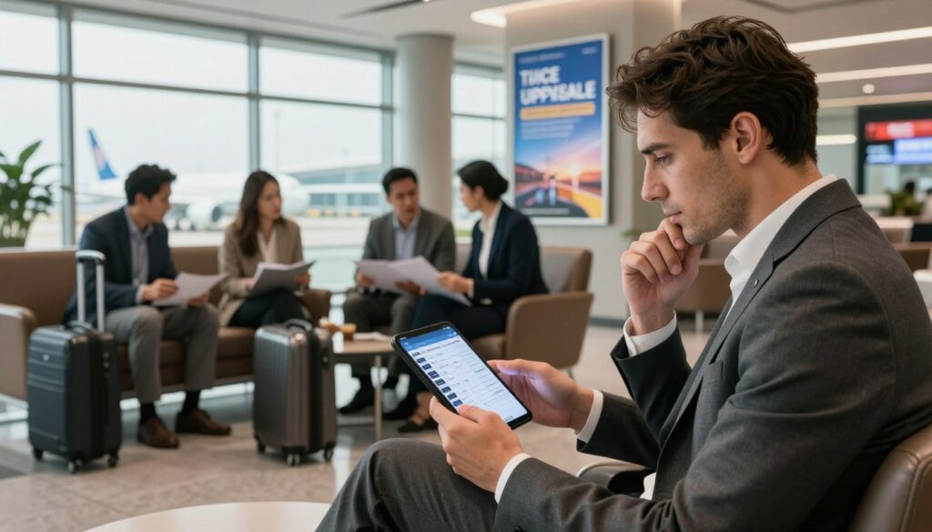 A stylish, modern airport lounge scene captures the essence of optimizing ticket purchase upgrade eligibility. In the foreground, a business-savvy traveler, dressed in a tailored suit, attentively reviews a digital device displaying flight options. Their expression reflects contemplation and strategic planning. In the middle ground, other travelers in professional attire discuss travel plans, with various luggage types highlighting the busy atmosphere. The background shows sleek airport design elements, such as large windows revealing an aircraft on the tarmac and vibrant travel posters promoting upgrade options. Soft, natural lighting enhances the scene, creating a warm and inviting ambiance. A slightly elevated angle provides a comprehensive view, emphasizing the importance of careful planning for luxury travel upgrades. A stylish, modern airport lounge scene captures the essence of optimizing ticket purchase upgrade eligibility. In the foreground, a business-savvy traveler, dressed in a tailored suit, attentively reviews a digital device displaying flight options. Their expression reflects contemplation and strategic planning. In the middle ground, other travelers in professional attire discuss travel plans, with various luggage types highlighting the busy atmosphere. The background shows sleek airport design elements, such as large windows revealing an aircraft on the tarmac and vibrant travel posters promoting upgrade options. Soft, natural lighting enhances the scene, creating a warm and inviting ambiance. A slightly elevated angle provides a comprehensive view, emphasizing the importance of careful planning for luxury travel upgrades.
