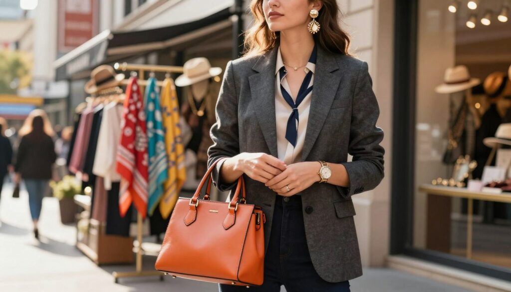 A stylish, modern fashionista in their late 20s is standing confidently in a chic urban setting, showcasing their skill in accessory matching with outfits. In the foreground, they wear a tailored blazer, a stylish blouse, and perfectly coordinated accessories, including a vibrant handbag, statement earrings, and a fashionable watch. The middle ground features a stylish, bustling boutique or outdoor market, adorned with colorful scarves and trendy hats to inspire creativity in accessory matching. The background includes soft-focus cityscape elements, bathed in warm, inviting sunlight that casts gentle shadows, emphasizing a mood of sophistication and confidence. The camera angle is slightly elevated, capturing the subject’s full outfit while highlighting the details of the accessories. The atmosphere is lively and inspiring, encouraging viewers to embrace their own accessory matching journey. A stylish, modern fashionista in their late 20s is standing confidently in a chic urban setting, showcasing their skill in accessory matching with outfits. In the foreground, they wear a tailored blazer, a stylish blouse, and perfectly coordinated accessories, including a vibrant handbag, statement earrings, and a fashionable watch. The middle ground features a stylish, bustling boutique or outdoor market, adorned with colorful scarves and trendy hats to inspire creativity in accessory matching. The background includes soft-focus cityscape elements, bathed in warm, inviting sunlight that casts gentle shadows, emphasizing a mood of sophistication and confidence. The camera angle is slightly elevated, capturing the subject’s full outfit while highlighting the details of the accessories. The atmosphere is lively and inspiring, encouraging viewers to embrace their own accessory matching journey.
