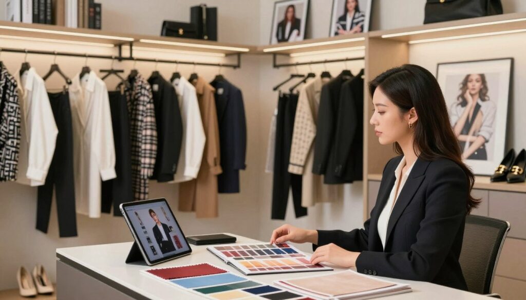 A stylish, modern wardrobe planning scene featuring a fashion consultant organizing outfits inspired by celebrity styles. In the foreground, a well-dressed consultant in professional attire is seated at a sleek desk, surrounded by swatches of fabric, magazines, and a tablet displaying celebrity looks. The middle ground showcases a stylishly arranged wardrobe filled with trendy clothing, shoes, and accessories, all meticulously organized. In the background, softly lit shelves hold fashion books and framed magazine covers of famous celebrities. The lighting is bright and inviting, creating a creative atmosphere. The composition captures a sense of elegance and sophistication, perfect for inspiring readers to recreate eye-catching celebrity outfits.
