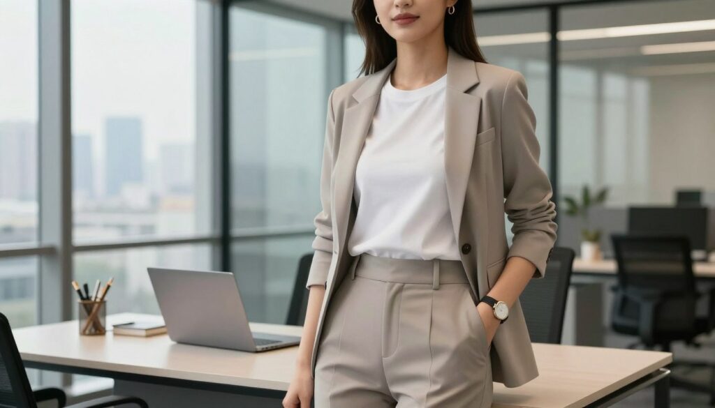 A stylish office scene featuring a well-dressed individual in a crisp, elevated white tee paired with tailored high-waisted trousers and a fitted blazer. The subject is confidently standing in the forefront, with a modern glass office environment in the background, showcasing city skyline views through large windows. The lighting is soft and natural, filtering through the glass, creating a warm and inviting atmosphere. The individual exhibits a poised expression, reflecting professionalism, with accessories like a minimalist watch and subtle earrings adding elegance. A sleek desk with a laptop and a few stylish stationery items occupies the middle ground, enhancing the clean, professional aesthetic of the workspace. The composition captures the essence of sophisticated office wear, emphasizing a contemporary and polished style. A stylish office scene featuring a well-dressed individual in a crisp, elevated white tee paired with tailored high-waisted trousers and a fitted blazer. The subject is confidently standing in the forefront, with a modern glass office environment in the background, showcasing city skyline views through large windows. The lighting is soft and natural, filtering through the glass, creating a warm and inviting atmosphere. The individual exhibits a poised expression, reflecting professionalism, with accessories like a minimalist watch and subtle earrings adding elegance. A sleek desk with a laptop and a few stylish stationery items occupies the middle ground, enhancing the clean, professional aesthetic of the workspace. The composition captures the essence of sophisticated office wear, emphasizing a contemporary and polished style.