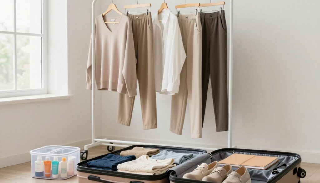 A stylish, organized capsule wardrobe for travel displayed in a bright, airy room. In the foreground, there's a small, neat suitcase partially open, revealing neatly folded clothes, a pair of comfortable shoes, and a packing cube. Organized essentials, such as a travel-sized toiletries kit and a folded travel journal, are placed beside it. In the middle, a minimalist clothing rack holds a selection of versatile tops, pants, and a light jacket, representing a cohesive color palette. The background features a window with soft, natural light streaming in, illuminating the space and enhancing a sense of tranquility. The scene conveys a mood of simplicity and efficiency, capturing the essence of mindful travel preparation. A stylish, organized capsule wardrobe for travel displayed in a bright, airy room. In the foreground, there's a small, neat suitcase partially open, revealing neatly folded clothes, a pair of comfortable shoes, and a packing cube. Organized essentials, such as a travel-sized toiletries kit and a folded travel journal, are placed beside it. In the middle, a minimalist clothing rack holds a selection of versatile tops, pants, and a light jacket, representing a cohesive color palette. The background features a window with soft, natural light streaming in, illuminating the space and enhancing a sense of tranquility. The scene conveys a mood of simplicity and efficiency, capturing the essence of mindful travel preparation.