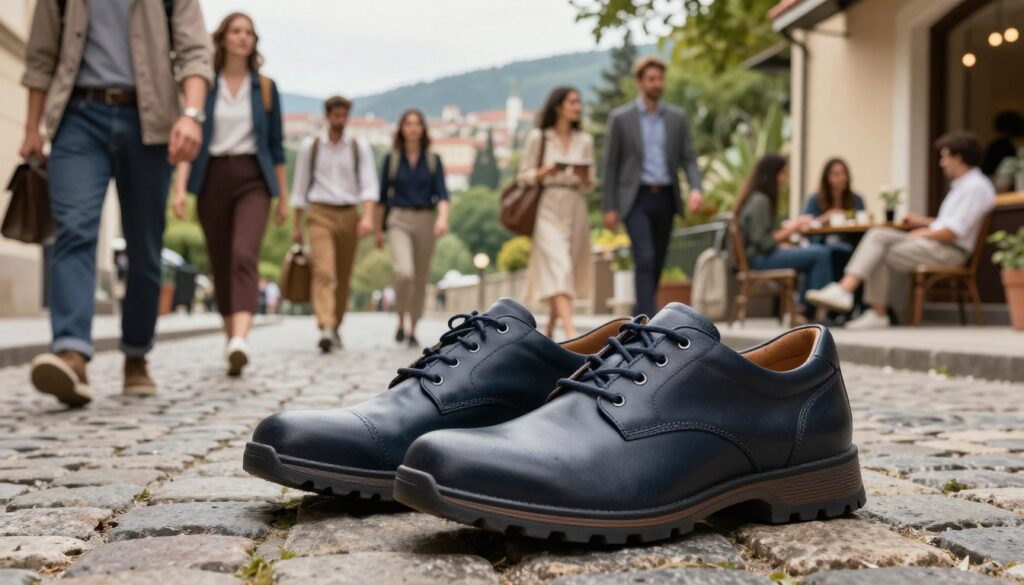 A stylish pair of versatile travel shoes positioned prominently in the foreground, crafted from high-quality materials with a sleek design, showcasing both elegance and practicality. The middle ground features a diverse group of well-dressed travelers, dressed in smart casual attire, engaged in various activities like walking on a cobblestone street, hiking in a nature-inspired setting, and casually lounging at a café, illustrating the shoes' adaptability to different environments. The background includes picturesque cityscapes and lush natural landscapes, blending seamlessly. Soft, natural lighting accentuates the textures and colors of both the shoes and the surroundings. The mood is adventurous yet refined, inviting viewers to envision their own journeys while emphasizing the shoes’ compatibility for every occasion. A stylish pair of versatile travel shoes positioned prominently in the foreground, crafted from high-quality materials with a sleek design, showcasing both elegance and practicality. The middle ground features a diverse group of well-dressed travelers, dressed in smart casual attire, engaged in various activities like walking on a cobblestone street, hiking in a nature-inspired setting, and casually lounging at a café, illustrating the shoes' adaptability to different environments. The background includes picturesque cityscapes and lush natural landscapes, blending seamlessly. Soft, natural lighting accentuates the textures and colors of both the shoes and the surroundings. The mood is adventurous yet refined, inviting viewers to envision their own journeys while emphasizing the shoes’ compatibility for every occasion.