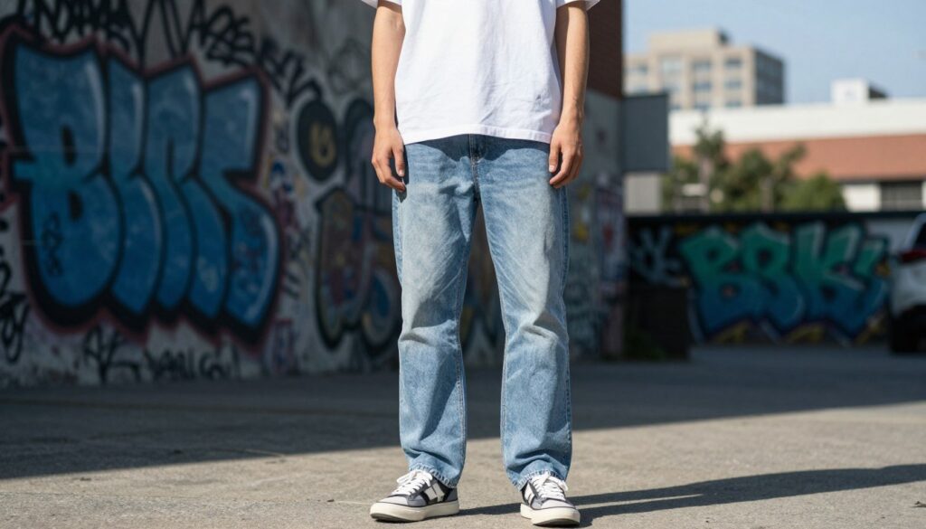 A stylish person wearing a casual white tee tucked into light blue denim jeans stands confidently in the foreground, framed by a cool urban backdrop. The tee has a slightly relaxed fit, complementing the laid-back vibe of the outfit, while the denim features a classic straight cut. They sport stylish sneakers that add a touch of modernity. Natural sunlight bathes the scene, casting soft shadows and highlighting the textures of the fabric. In the middle ground, a graffiti-covered wall adds an artistic element, enhancing the casual mood. The background includes a blurred cityscape, suggesting a vibrant lifestyle. The composition is shot from a slightly low angle, creating an engaging perspective and inviting viewers into the scene. A stylish person wearing a casual white tee tucked into light blue denim jeans stands confidently in the foreground, framed by a cool urban backdrop. The tee has a slightly relaxed fit, complementing the laid-back vibe of the outfit, while the denim features a classic straight cut. They sport stylish sneakers that add a touch of modernity. Natural sunlight bathes the scene, casting soft shadows and highlighting the textures of the fabric. In the middle ground, a graffiti-covered wall adds an artistic element, enhancing the casual mood. The background includes a blurred cityscape, suggesting a vibrant lifestyle. The composition is shot from a slightly low angle, creating an engaging perspective and inviting viewers into the scene.