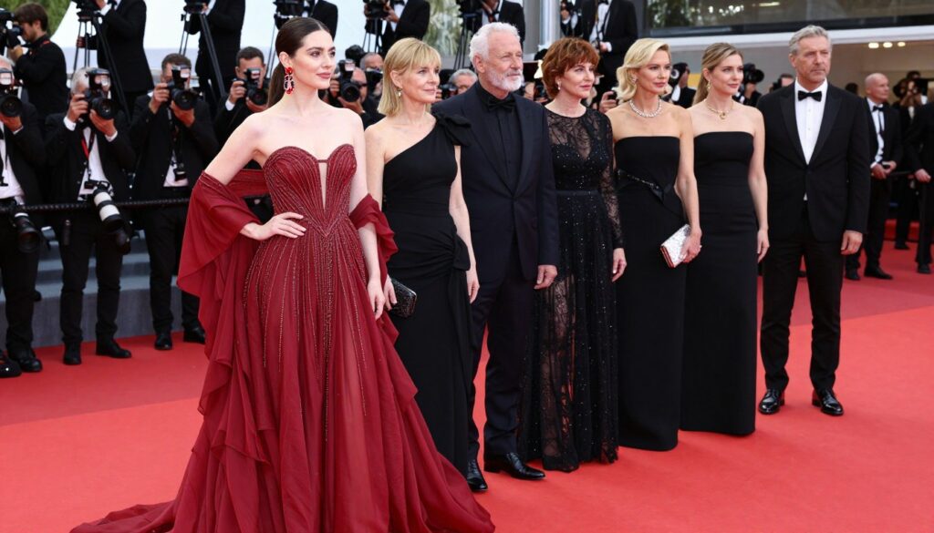 A stylish red carpet scene featuring a group of elegantly dressed celebrities showcasing must-try fashion trends for 2026. In the foreground, a dazzling gown with intricate beadwork and flowing layers of rich crimson fabric, complemented by bold accessories like statement earrings and a sophisticated clutch. The middle ground hosts a diverse group of celebrities, each wearing unique yet trendy outfits, capturing a sense of high fashion and glamour. The background features a softly illuminated red carpet area, lined with photographers and flashing cameras, creating a lively atmosphere. The lighting is bright yet soft, highlighting the fabrics' textures and colors with a cinematic feel. The overall mood is celebratory and chic, embodying the excitement of award season and the latest fashion trends. A stylish red carpet scene featuring a group of elegantly dressed celebrities showcasing must-try fashion trends for 2026. In the foreground, a dazzling gown with intricate beadwork and flowing layers of rich crimson fabric, complemented by bold accessories like statement earrings and a sophisticated clutch. The middle ground hosts a diverse group of celebrities, each wearing unique yet trendy outfits, capturing a sense of high fashion and glamour. The background features a softly illuminated red carpet area, lined with photographers and flashing cameras, creating a lively atmosphere. The lighting is bright yet soft, highlighting the fabrics' textures and colors with a cinematic feel. The overall mood is celebratory and chic, embodying the excitement of award season and the latest fashion trends.