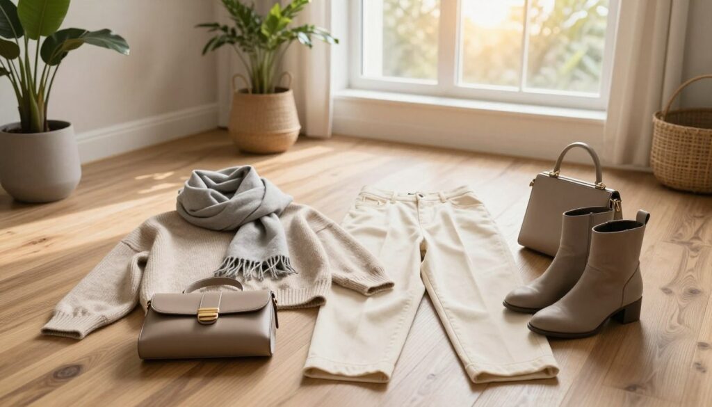 A stylish seasonal neutral outfit spread showcasing a mix of textures and layers. In the foreground, a neatly arranged outfit on a wooden floor includes a light beige oversized sweater, cream high-waisted trousers, and taupe ankle boots. Accessories such as a soft gray scarf and a minimalist leather handbag add sophistication. In the middle ground, a freshly designed, sunlit room with a neutral color palette features plants and neutral-toned decor, complementing the outfit. The background shows a large window with golden sunlight streaming in, illuminating the scene and creating a warm, inviting atmosphere. The image captures a serene and chic mood, emphasizing versatility in neutral styling for seasonal inspiration.