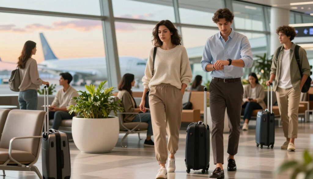 A stylish travel scene in an airport setting, featuring a diverse group of individuals in comfortable yet fashionable outfits. In the foreground, a woman wearing a soft, oversized sweater paired with tailored joggers and chic sneakers, exuding an effortless look. Next to her, a man in a smart casual button-up shirt, well-fitted chinos, and sleek loafers, checking his smartwatch. The middle ground showcases a bright airport lounge with modern seating and potted plants, creating a welcoming atmosphere. The background includes large windows revealing an aircraft and vibrant skies, bathed in warm afternoon light. The overall mood is relaxed yet polished, highlighting the balance between comfort and style for travelers. Use soft focus and a slight depth of field to emphasize the subjects against the bustling environment. A stylish travel scene in an airport setting, featuring a diverse group of individuals in comfortable yet fashionable outfits. In the foreground, a woman wearing a soft, oversized sweater paired with tailored joggers and chic sneakers, exuding an effortless look. Next to her, a man in a smart casual button-up shirt, well-fitted chinos, and sleek loafers, checking his smartwatch. The middle ground showcases a bright airport lounge with modern seating and potted plants, creating a welcoming atmosphere. The background includes large windows revealing an aircraft and vibrant skies, bathed in warm afternoon light. The overall mood is relaxed yet polished, highlighting the balance between comfort and style for travelers. Use soft focus and a slight depth of field to emphasize the subjects against the bustling environment.