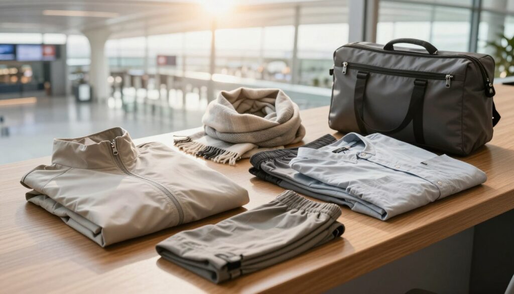 A stylish travel setup featuring versatile clothing pieces laid out on a wooden surface. In the foreground, display a neatly folded lightweight jacket, a pair of breathable travel pants, and a wrinkle-resistant shirt, all in neutral colors for easy mix-and-match. In the middle ground, showcase accessories like a multifunctional scarf and a compact travel-sized pouch. The background can have a blurred, softly lit scene of a modern airport terminal, with soft sunlight streaming through large windows, creating a warm and inviting atmosphere. Use a slightly elevated angle to provide depth, highlighting the practicality of the clothing for unexpected travel situations. The mood should feel organized, functional, and ready for adventure.