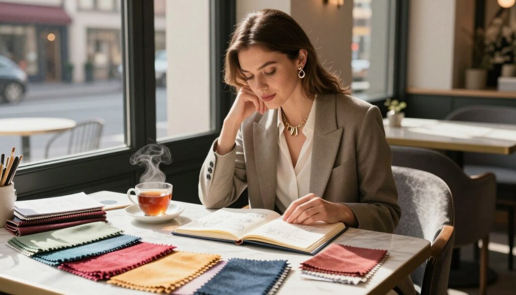 A stylish woman is seated at a chic, well-lit café table, surrounded by fabric swatches, a notebook filled with sketches, and a steaming cup of tea. She’s wearing a tailored blazer over a simple blouse, with accessories that subtly showcase her personality—like a unique necklace and elegant earrings. In the foreground, vibrant colors of fabric and design tools create a creative atmosphere. The middle ground features her in deep thought, as she examines her notes, with sunlight streaming through large windows, casting soft shadows. In the background, you can see hints of a fashionable city street through the café windows, blending urban chic with personal expression. The overall mood is warm and inspiring, embodying a journey of self-discovery and style. A stylish woman is seated at a chic, well-lit café table, surrounded by fabric swatches, a notebook filled with sketches, and a steaming cup of tea. She’s wearing a tailored blazer over a simple blouse, with accessories that subtly showcase her personality—like a unique necklace and elegant earrings. In the foreground, vibrant colors of fabric and design tools create a creative atmosphere. The middle ground features her in deep thought, as she examines her notes, with sunlight streaming through large windows, casting soft shadows. In the background, you can see hints of a fashionable city street through the café windows, blending urban chic with personal expression. The overall mood is warm and inspiring, embodying a journey of self-discovery and style.