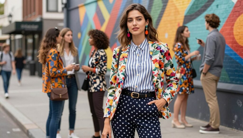 A stylish young woman confidently mixing prints in an urban setting, standing against a vibrant city mural. She wears a professional yet fashionable outfit, featuring a striped blouse layered under a floral blazer, paired with polka dot trousers. Her accessories include a chic belt and colorful earrings, capturing a playful yet polished look. The foreground highlights her expressive pose, showcasing the versatility of mixed patterns. In the middle ground, other fashion-forward individuals are seen engaging in lively conversation, each showcasing their own unique print combinations. The background features a bustling street scene with soft, diffused lighting, creating a warm and inviting atmosphere. The overall mood is inspiring and eclectic, celebrating individuality and creativity in fashion. A stylish young woman confidently mixing prints in an urban setting, standing against a vibrant city mural. She wears a professional yet fashionable outfit, featuring a striped blouse layered under a floral blazer, paired with polka dot trousers. Her accessories include a chic belt and colorful earrings, capturing a playful yet polished look. The foreground highlights her expressive pose, showcasing the versatility of mixed patterns. In the middle ground, other fashion-forward individuals are seen engaging in lively conversation, each showcasing their own unique print combinations. The background features a bustling street scene with soft, diffused lighting, creating a warm and inviting atmosphere. The overall mood is inspiring and eclectic, celebrating individuality and creativity in fashion.