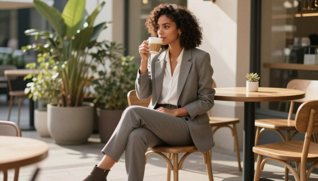A stylish young woman of diverse descent exudes an air of effortless sophistication in a relaxed outdoor café setting. She wears a perfectly tailored blazer over a simple white blouse, paired with well-fitted trousers and minimalist ankle boots. The soft morning light casts a warm glow, creating subtle shadows that enhance her laid-back posture as she sips coffee. In the background, potted plants and stylish wooden furniture provide a chic yet unobtrusive setting. The atmosphere is serene and inviting, captured with a shallow depth of field using a 50mm lens, focusing on her confident expression while blurring the surroundings slightly. The overall mood conveys tranquility and grace, embodying the essence of effortless style. A stylish young woman of diverse descent exudes an air of effortless sophistication in a relaxed outdoor café setting. She wears a perfectly tailored blazer over a simple white blouse, paired with well-fitted trousers and minimalist ankle boots. The soft morning light casts a warm glow, creating subtle shadows that enhance her laid-back posture as she sips coffee. In the background, potted plants and stylish wooden furniture provide a chic yet unobtrusive setting. The atmosphere is serene and inviting, captured with a shallow depth of field using a 50mm lens, focusing on her confident expression while blurring the surroundings slightly. The overall mood conveys tranquility and grace, embodying the essence of effortless style.