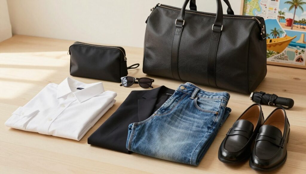 A stylishly arranged collection of essential pieces for a versatile travel capsule wardrobe. In the foreground, neatly folded clothing items including a classic white shirt, a lightweight black blazer, versatile denim jeans, and a comfortable pair of loafers. In the middle, a fashionable weekender bag is placed alongside a travel-sized toiletries pouch, a compact umbrella, and a pair of sunglasses. The background features a soft, minimalist environment, with a hint of a travel-themed postcard or map on a wooden surface. The lighting is warm and natural, creating an inviting atmosphere, as if bathed in soft morning light. The mood is organized and effortlessly chic, conveying practicality and style perfect for a well-prepared traveler. A stylishly arranged collection of essential pieces for a versatile travel capsule wardrobe. In the foreground, neatly folded clothing items including a classic white shirt, a lightweight black blazer, versatile denim jeans, and a comfortable pair of loafers. In the middle, a fashionable weekender bag is placed alongside a travel-sized toiletries pouch, a compact umbrella, and a pair of sunglasses. The background features a soft, minimalist environment, with a hint of a travel-themed postcard or map on a wooden surface. The lighting is warm and natural, creating an inviting atmosphere, as if bathed in soft morning light. The mood is organized and effortlessly chic, conveying practicality and style perfect for a well-prepared traveler.