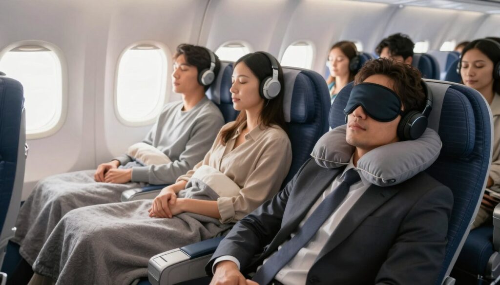 A tranquil airplane interior scene showcasing a diverse group of passengers practicing sleep and relaxation tips. In the foreground, a relaxed traveler in professional business attire reclines comfortably in a window seat, using a neck pillow and eye mask. In the middle, a couple shares a moment as they use noise-canceling headphones and soft blankets, promoting a cozy atmosphere. The background features soft natural light streaming through the window, illuminating the serene cabin environment. The overall mood is calming and inviting, emphasizing comfort and tranquility while flying. The colors are warm and soothing, with gentle shades of blue, gray, and white, creating a peaceful in-flight ambiance. A tranquil airplane interior scene showcasing a diverse group of passengers practicing sleep and relaxation tips. In the foreground, a relaxed traveler in professional business attire reclines comfortably in a window seat, using a neck pillow and eye mask. In the middle, a couple shares a moment as they use noise-canceling headphones and soft blankets, promoting a cozy atmosphere. The background features soft natural light streaming through the window, illuminating the serene cabin environment. The overall mood is calming and inviting, emphasizing comfort and tranquility while flying. The colors are warm and soothing, with gentle shades of blue, gray, and white, creating a peaceful in-flight ambiance.