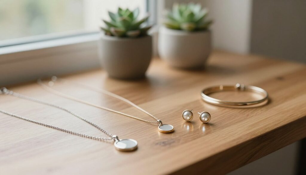 A tranquil scene showcasing an array of simple jewelry pieces elegantly displayed on a polished wooden surface. In the foreground, delicate silver and gold necklaces featuring minimalist pendants are gently draped alongside matching stud earrings and thin bangles. The middle ground reveals subtle reflections of the jewelry on the surface, enhancing their shine. Soft, natural light from a nearby window bathes the scene, creating a warm and inviting atmosphere. The background is softly blurred, highlighting a couple of potted succulents and neutral tones that evoke simplicity and elegance. The overall mood is serene and sophisticated, emphasizing the beauty and accessibility of simple jewelry for everyday wear. Capture this from a slightly elevated angle to provide a comprehensive view of the jewelry’s intricate details and textures. A tranquil scene showcasing an array of simple jewelry pieces elegantly displayed on a polished wooden surface. In the foreground, delicate silver and gold necklaces featuring minimalist pendants are gently draped alongside matching stud earrings and thin bangles. The middle ground reveals subtle reflections of the jewelry on the surface, enhancing their shine. Soft, natural light from a nearby window bathes the scene, creating a warm and inviting atmosphere. The background is softly blurred, highlighting a couple of potted succulents and neutral tones that evoke simplicity and elegance. The overall mood is serene and sophisticated, emphasizing the beauty and accessibility of simple jewelry for everyday wear. Capture this from a slightly elevated angle to provide a comprehensive view of the jewelry’s intricate details and textures.
