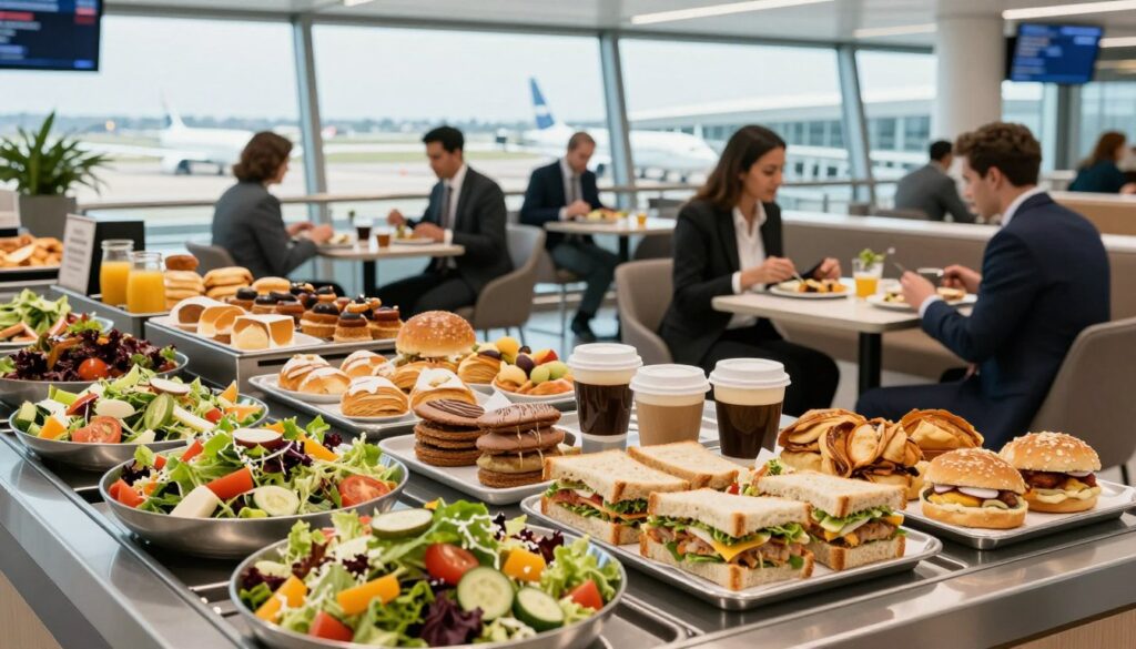 A vibrant airport food court scene, showcasing a variety of food and beverage options available for travelers. In the foreground, a colorful display of fresh salads, gourmet sandwiches, aromatic coffee, and assorted pastries, beautifully arranged on sleek metal trays. In the middle, travelers in professional business attire enjoy their meals at modern tables, some engrossed in conversation, while others check their devices. The background reveals large windows with natural light streaming in, overlooking busy airport runways and planes boarding. The atmosphere is lively yet relaxed, conveying a sense of comfort and efficiency for those on the go. The lighting is bright and inviting, emphasizing the freshness of the food and the overall welcoming environment. A vibrant airport food court scene, showcasing a variety of food and beverage options available for travelers. In the foreground, a colorful display of fresh salads, gourmet sandwiches, aromatic coffee, and assorted pastries, beautifully arranged on sleek metal trays. In the middle, travelers in professional business attire enjoy their meals at modern tables, some engrossed in conversation, while others check their devices. The background reveals large windows with natural light streaming in, overlooking busy airport runways and planes boarding. The atmosphere is lively yet relaxed, conveying a sense of comfort and efficiency for those on the go. The lighting is bright and inviting, emphasizing the freshness of the food and the overall welcoming environment.