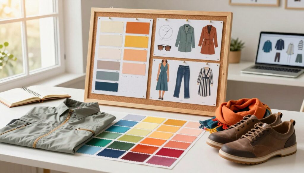 A vibrant and aesthetically pleasing workspace focused on color palette weather planning for a travel capsule wardrobe. In the foreground, an artistic arrangement of fabric swatches in various colors reflecting a cohesive palette, alongside essential travel items like a lightweight jacket, travel shoes, and a versatile scarf. In the middle, a beautifully designed mood board displaying seasonal colors, accessories, and outfit combinations pinned onto a corkboard, illuminated by soft, natural lighting to create a warm atmosphere. The background features a neatly organized desk with a travel journal, a laptop open with clothing designs, and a window showing a bright, sunny day outside. Ideal for setting a positive and inspiring mood for pre-trip planning. A vibrant and aesthetically pleasing workspace focused on color palette weather planning for a travel capsule wardrobe. In the foreground, an artistic arrangement of fabric swatches in various colors reflecting a cohesive palette, alongside essential travel items like a lightweight jacket, travel shoes, and a versatile scarf. In the middle, a beautifully designed mood board displaying seasonal colors, accessories, and outfit combinations pinned onto a corkboard, illuminated by soft, natural lighting to create a warm atmosphere. The background features a neatly organized desk with a travel journal, a laptop open with clothing designs, and a window showing a bright, sunny day outside. Ideal for setting a positive and inspiring mood for pre-trip planning.