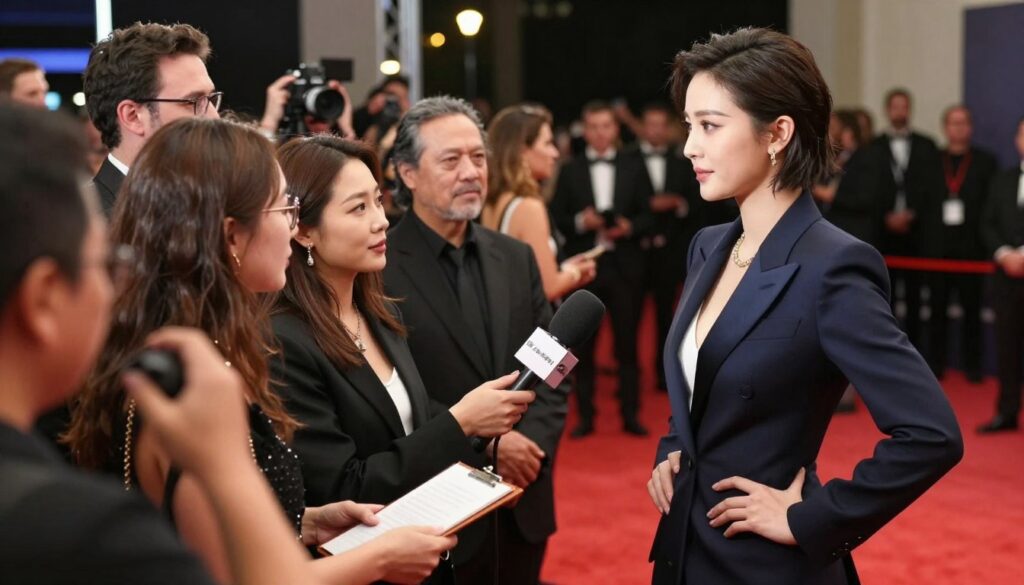 A vibrant and glamorous scene capturing a celebrity press tour moment. In the foreground, a well-dressed celebrity in an elegant, tailored suit or a chic evening gown is interacting with journalists, their poses conveying confidence and poise. The middle ground features a diverse group of reporters with microphones and notepads, attentively engaged in the conversation. The background consists of a glamorous red carpet setup adorned with soft, ambient lighting that highlights the rich colors of the outfits. The atmosphere is lively and electric, reflecting the excitement of celebrity interviews. The shot is from a slightly low angle, enhancing the grandeur of the event, with soft bokeh effects subtly blurring the surrounding crowd, ensuring a focus on the celebrity in the spotlight.