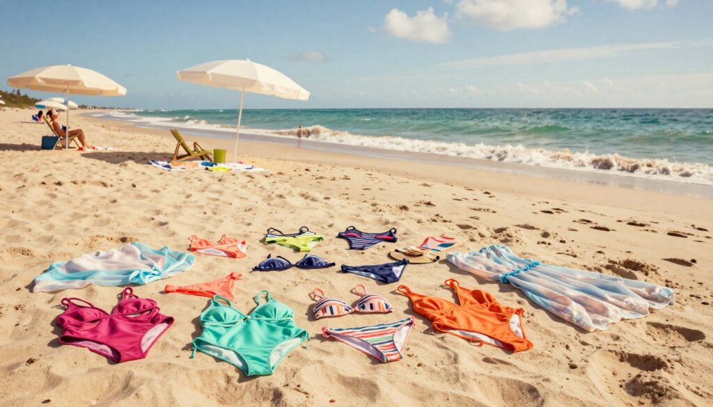 A vibrant beach scene featuring stylish swimwear and elegant cover-ups laid out on a sandy shore. In the foreground, a colorful collection of beach swimwear, including one-piece suits and fashionable bikinis, beautifully arranged alongside lightweight, flowing cover-ups made of sheer fabric. The middle ground captures a sunlit beach with gentle waves lapping at the shore, dotted with beach umbrellas and towels. In the background, clear blue skies and a few fluffy clouds enhance the idyllic atmosphere. Soft, warm lighting evokes a cheerful and inviting mood, as if just before a perfect sunny day. The image is captured from a slightly elevated angle, showcasing the arrangement and the picturesque beach setting seamlessly. No people are included, ensuring a focus on the swimwear and cover-ups exclusively. A vibrant beach scene featuring stylish swimwear and elegant cover-ups laid out on a sandy shore. In the foreground, a colorful collection of beach swimwear, including one-piece suits and fashionable bikinis, beautifully arranged alongside lightweight, flowing cover-ups made of sheer fabric. The middle ground captures a sunlit beach with gentle waves lapping at the shore, dotted with beach umbrellas and towels. In the background, clear blue skies and a few fluffy clouds enhance the idyllic atmosphere. Soft, warm lighting evokes a cheerful and inviting mood, as if just before a perfect sunny day. The image is captured from a slightly elevated angle, showcasing the arrangement and the picturesque beach setting seamlessly. No people are included, ensuring a focus on the swimwear and cover-ups exclusively.