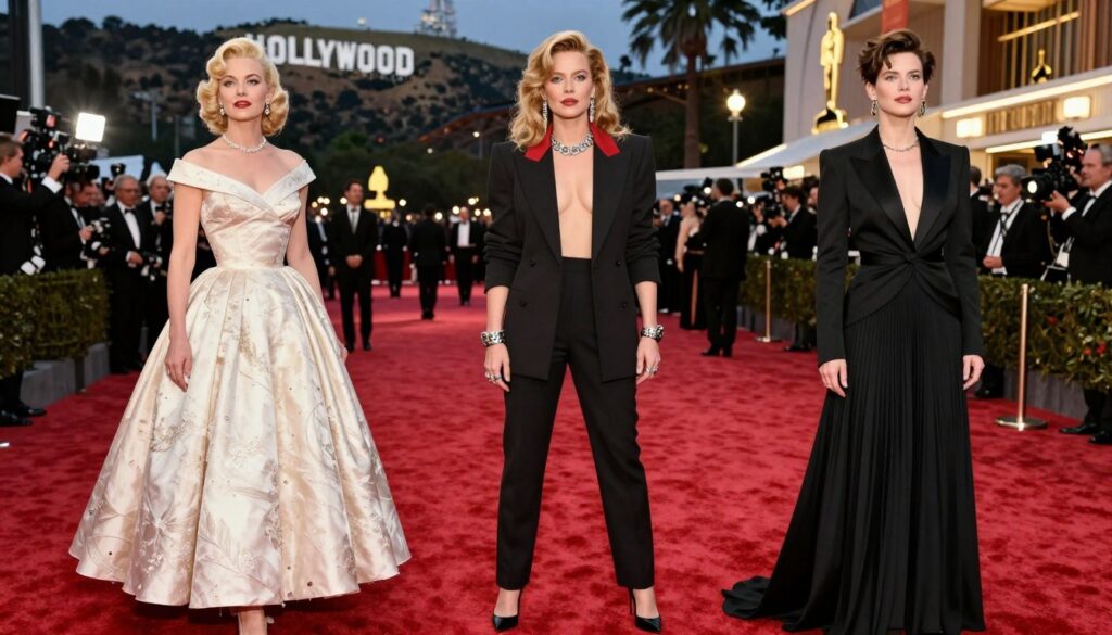 A vibrant collage illustrating the evolution of red carpet styling through the decades. In the foreground, showcase three elegantly dressed figures representing different eras of fashion: a classic 1950s Hollywood starlet in a glamorous, full-skirted gown; a 1980s fashion icon in a bold, structured outfit with statement accessories; and a contemporary 2020s celebrity in an avant-garde, chic ensemble. The middle ground features a flowing red carpet with scattered awards and flashes of camera lights, creating a dynamic atmosphere. In the background, iconic landmarks of film and fashion, like the Hollywood sign and elegant event venues, are softly illuminated. Use warm, ambient lighting to convey a celebratory mood, captured with a slight upward angle to enhance the grandeur of the scene.