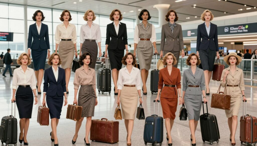 A vibrant collage showcasing the evolution of airport fashion for women through the decades. In the foreground, a series of elegantly dressed women in professional business attire and stylish casual clothing, each representing different eras from the 1960s to the present day. The middle ground features iconic travel accessories like vintage suitcases and modern carry-ons, arranged harmoniously. The background showcases an airport terminal with contemporary architecture, large windows letting in soft natural light, creating a bright and airy atmosphere. The perspective is slightly elevated, capturing both the diversity of fashion and the bustling environment of travel. The mood is nostalgic yet inspiring, highlighting the transformation of travel style over the years. A vibrant collage showcasing the evolution of airport fashion for women through the decades. In the foreground, a series of elegantly dressed women in professional business attire and stylish casual clothing, each representing different eras from the 1960s to the present day. The middle ground features iconic travel accessories like vintage suitcases and modern carry-ons, arranged harmoniously. The background showcases an airport terminal with contemporary architecture, large windows letting in soft natural light, creating a bright and airy atmosphere. The perspective is slightly elevated, capturing both the diversity of fashion and the bustling environment of travel. The mood is nostalgic yet inspiring, highlighting the transformation of travel style over the years.