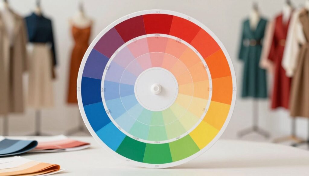 A vibrant color wheel tailored for fashion, displaying a spectrum of hues ranging from warm reds and oranges to cool blues and greens, set against a soft, neutral backdrop. In the foreground, the color wheel is detailed with labeled sections that imply their complementary and analogous relationships. The middle ground features subtle swatches of fabric in various textures, each reflecting the relevant colors from the wheel, showcasing potential color-blocking combinations for outfits. The background is a softly blurred fashion studio environment with stylish mannequins dressed in coordinated ensembles. The lighting is bright and even, highlighting the colors vividly while creating an engaging, inspiring atmosphere suitable for exploring color theory in fashion. A vibrant color wheel tailored for fashion, displaying a spectrum of hues ranging from warm reds and oranges to cool blues and greens, set against a soft, neutral backdrop. In the foreground, the color wheel is detailed with labeled sections that imply their complementary and analogous relationships. The middle ground features subtle swatches of fabric in various textures, each reflecting the relevant colors from the wheel, showcasing potential color-blocking combinations for outfits. The background is a softly blurred fashion studio environment with stylish mannequins dressed in coordinated ensembles. The lighting is bright and even, highlighting the colors vividly while creating an engaging, inspiring atmosphere suitable for exploring color theory in fashion.