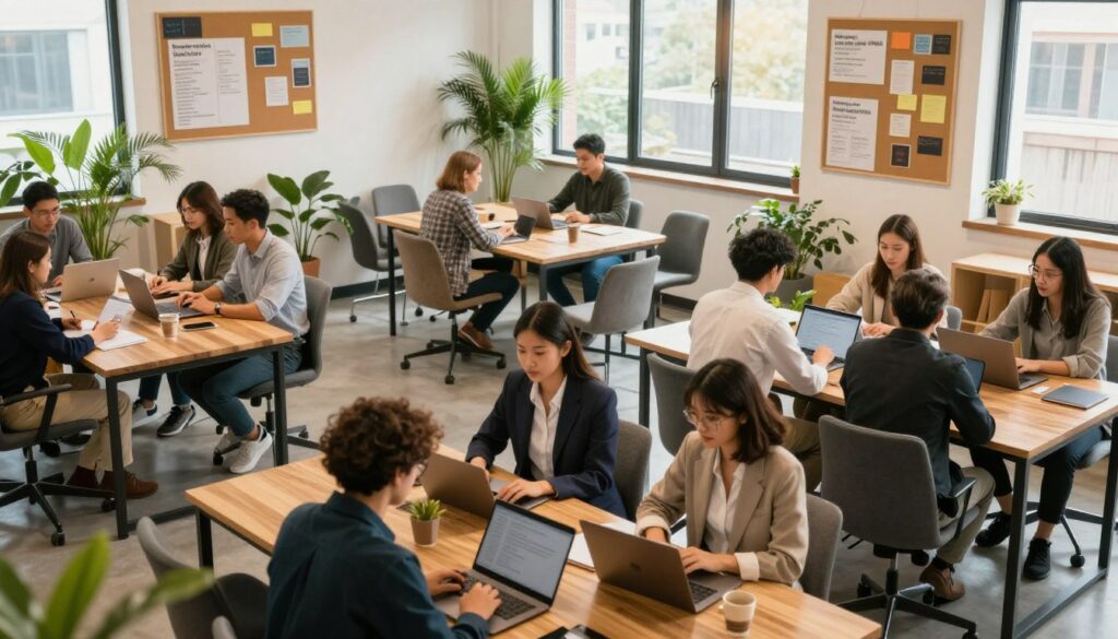 A vibrant coworking space bustling with energy, showcasing a mix of remote professionals engaging with each other. In the foreground, a diverse group of individuals in professional business attire and modest casual clothing are focused on their laptops, collaborating at shared wooden tables. The middle ground features modern, ergonomic furniture, plants for a touch of nature, and community bulletin boards with local events. In the background, large windows allow soft, natural light to flood the space, casting warm reflections and creating an inviting atmosphere. A sense of connection and creativity fills the air, illustrating the concept of leveraging coworking spaces and local networks to work remotely while traveling. The composition is captured from a slightly elevated angle for a dynamic perspective.