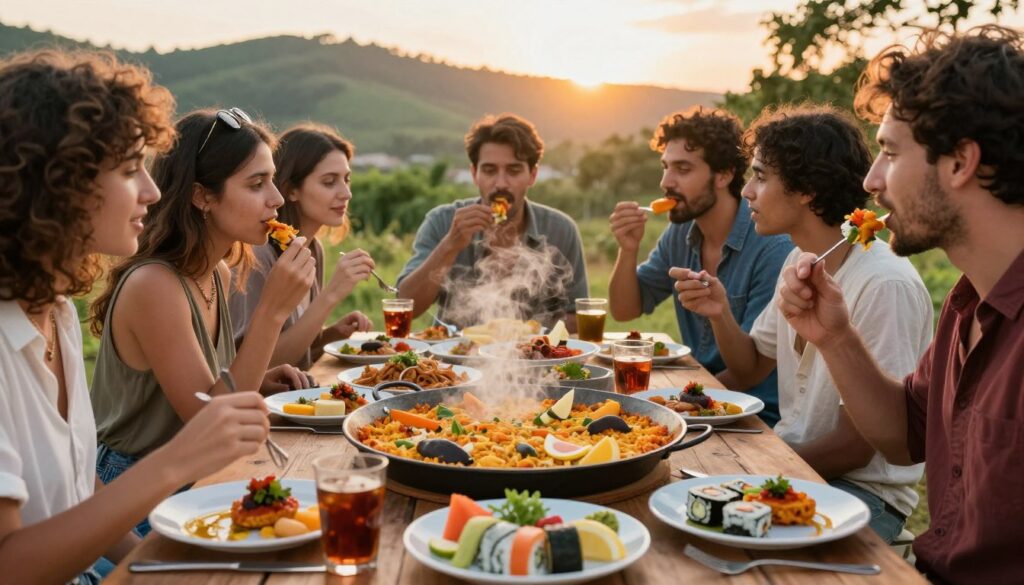 A vibrant culinary adventure scene showcasing a diverse group of travelers gathered around a rustic outdoor table, enjoying a feast of colorful, exotic dishes from around the world. In the foreground, intricate plates filled with steaming paella, fresh sushi, and aromatic spices evoke a sense of exploration and taste. The middle ground features eager foodies sampling and discussing the dishes, dressed in modest, casual clothing, their expressions filled with delight and curiosity. In the background, lush green hills and a setting sun cast warm golden light over the landscape, creating an inviting and festive atmosphere. Capture this moment with a wide lens perspective to emphasize the communal spirit of food exploration, highlighting the vibrant colors and textures of the dishes, while soft bokeh creates a dreamy ambiance. A vibrant culinary adventure scene showcasing a diverse group of travelers gathered around a rustic outdoor table, enjoying a feast of colorful, exotic dishes from around the world. In the foreground, intricate plates filled with steaming paella, fresh sushi, and aromatic spices evoke a sense of exploration and taste. The middle ground features eager foodies sampling and discussing the dishes, dressed in modest, casual clothing, their expressions filled with delight and curiosity. In the background, lush green hills and a setting sun cast warm golden light over the landscape, creating an inviting and festive atmosphere. Capture this moment with a wide lens perspective to emphasize the communal spirit of food exploration, highlighting the vibrant colors and textures of the dishes, while soft bokeh creates a dreamy ambiance.