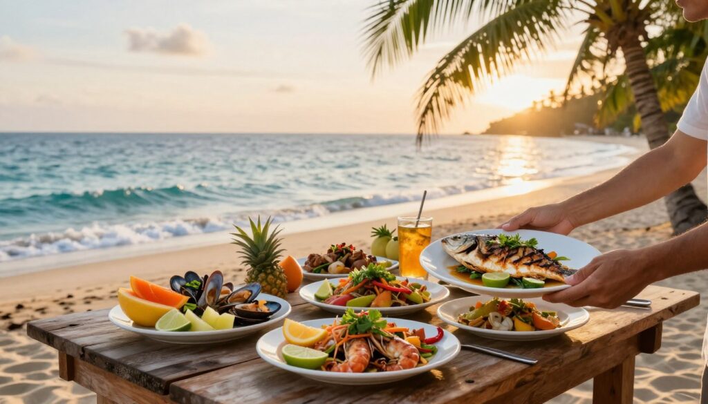 A vibrant culinary scene by a secluded beach, showcasing a rustic wooden table filled with an array of authentic local dishes: fresh seafood, colorful tropical fruits, and vibrant herbs, all beautifully presented. In the foreground, a pair of hands delicately serving a plate of grilled fish garnished with lime. The mid-ground features a picturesque view of the calm, azure sea with gentle waves lapping at the shore, outlined by lush green palm trees. The background captures a warm, golden sunset, casting a soft glow over the scene. The atmosphere is inviting and serene, evoking a sense of relaxation and indulgence, perfect for a culinary journey. The image is well-lit with natural lighting, emphasizing the freshness of the food and the tranquil beauty of the beach setting. A vibrant culinary scene by a secluded beach, showcasing a rustic wooden table filled with an array of authentic local dishes: fresh seafood, colorful tropical fruits, and vibrant herbs, all beautifully presented. In the foreground, a pair of hands delicately serving a plate of grilled fish garnished with lime. The mid-ground features a picturesque view of the calm, azure sea with gentle waves lapping at the shore, outlined by lush green palm trees. The background captures a warm, golden sunset, casting a soft glow over the scene. The atmosphere is inviting and serene, evoking a sense of relaxation and indulgence, perfect for a culinary journey. The image is well-lit with natural lighting, emphasizing the freshness of the food and the tranquil beauty of the beach setting.