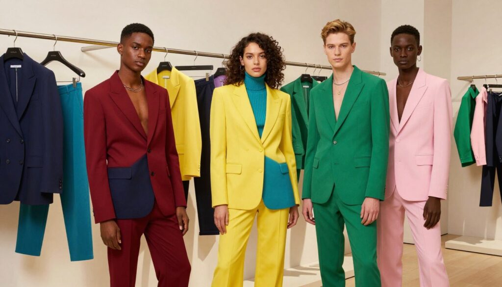 A vibrant display of stylish apparel from top brands known for color blocking. In the foreground, feature a diverse group of three models dressed in bold, block-colored outfits—one in a deep red and navy ensemble, another in bright yellow and teal, and the third in emerald green and soft pink. Each model should exude confidence and creativity, with engaging poses that showcase the clothes. In the middle ground, include an eye-catching arrangement of hanging clothes from renowned brands like Alexander Wang, Calvin Klein, and Staud, all displaying striking color combinations. The background should be a minimalist, modern boutique with soft, diffuse natural lighting that enhances the vivid colors of the apparel while casting gentle shadows. Capture the essence of contemporary fashion and the excitement of color blocking in a fresh, sophisticated atmosphere. A vibrant display of stylish apparel from top brands known for color blocking. In the foreground, feature a diverse group of three models dressed in bold, block-colored outfits—one in a deep red and navy ensemble, another in bright yellow and teal, and the third in emerald green and soft pink. Each model should exude confidence and creativity, with engaging poses that showcase the clothes. In the middle ground, include an eye-catching arrangement of hanging clothes from renowned brands like Alexander Wang, Calvin Klein, and Staud, all displaying striking color combinations. The background should be a minimalist, modern boutique with soft, diffuse natural lighting that enhances the vivid colors of the apparel while casting gentle shadows. Capture the essence of contemporary fashion and the excitement of color blocking in a fresh, sophisticated atmosphere.