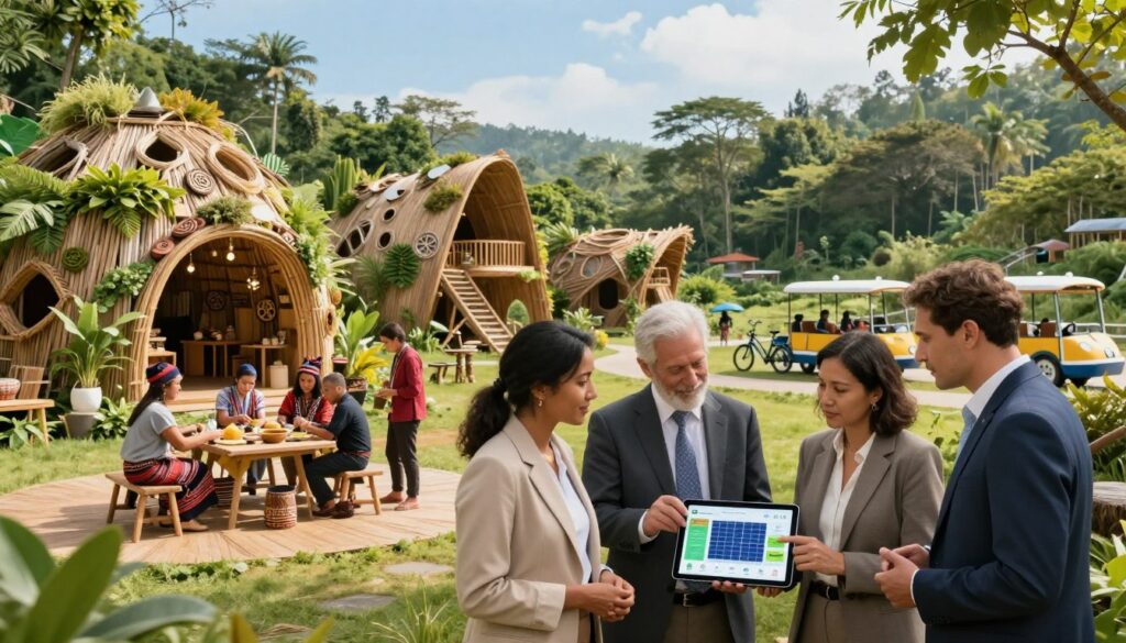 A vibrant eco-tourism scene depicting innovative sustainable tourism practices. In the foreground, a diverse group of individuals in professional business attire discusses sustainable travel solutions while examining a digital tablet showcasing a solar-powered travel app. The middle ground features eco-friendly structures made from recycled materials, with greenery seamlessly integrated into the architecture. Visitors engage with local culture by participating in a community workshop on preserving traditional crafts. The background showcases a picturesque landscape with lush forests and clear blue skies, hinting at various eco-friendly transportation options like electric bikes and solar boats. Soft, natural lighting illuminates the scene, creating a warm and inviting atmosphere, while capturing the essence of sustainability in tourism practices. A vibrant eco-tourism scene depicting innovative sustainable tourism practices. In the foreground, a diverse group of individuals in professional business attire discusses sustainable travel solutions while examining a digital tablet showcasing a solar-powered travel app. The middle ground features eco-friendly structures made from recycled materials, with greenery seamlessly integrated into the architecture. Visitors engage with local culture by participating in a community workshop on preserving traditional crafts. The background showcases a picturesque landscape with lush forests and clear blue skies, hinting at various eco-friendly transportation options like electric bikes and solar boats. Soft, natural lighting illuminates the scene, creating a warm and inviting atmosphere, while capturing the essence of sustainability in tourism practices.