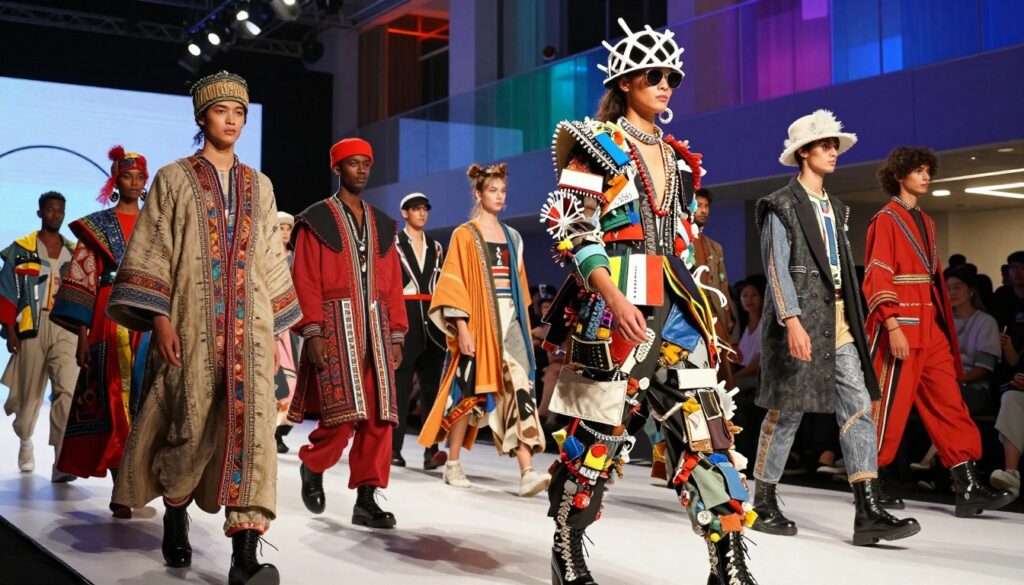 A vibrant fashion runway scene showcasing a diverse group of stylish celebrities breaking fashion boundaries with unconventional and bold looks. In the foreground, a model in an avant-garde outfit made of recycled materials struts confidently, embellished with oversized accessories and dramatic textures. The middle ground features a mix of individuals in eye-catching, eclectic outfits combining traditional elements with futuristic designs, creating a striking visual contrast. The background displays an illuminated venue with colorful lighting that enhances the energy of the event, casting vivid reflections on modern architecture. The mood is dynamic and empowered, emphasizing creativity and individuality in contemporary fashion. Shot from a low angle with a wide lens to capture the full essence of the creativity on display. A vibrant fashion runway scene showcasing a diverse group of stylish celebrities breaking fashion boundaries with unconventional and bold looks. In the foreground, a model in an avant-garde outfit made of recycled materials struts confidently, embellished with oversized accessories and dramatic textures. The middle ground features a mix of individuals in eye-catching, eclectic outfits combining traditional elements with futuristic designs, creating a striking visual contrast. The background displays an illuminated venue with colorful lighting that enhances the energy of the event, casting vivid reflections on modern architecture. The mood is dynamic and empowered, emphasizing creativity and individuality in contemporary fashion. Shot from a low angle with a wide lens to capture the full essence of the creativity on display.