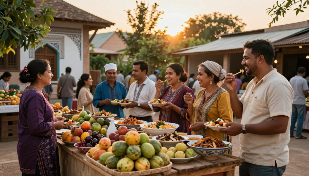 A vibrant local market scene showcasing a diverse array of cultural experiences and local cuisine. In the foreground, a wooden stall displays colorful, exotic fruits and beautifully arranged dishes, with a smiling vendor wearing modest casual clothing. The middle layer features local residents interacting, savoring flavors, and sharing stories, dressed in traditional attire that embodies the area's heritage. The background captures quaint architecture with intricately designed facades and lush greenery under a warm, golden sunset, casting a soft, inviting light over the scene. The atmosphere is lively and welcoming, filled with the aroma of spices and the sound of laughter, inviting viewers to immerse themselves in the rich cultural flair of hidden destinations. A vibrant local market scene showcasing a diverse array of cultural experiences and local cuisine. In the foreground, a wooden stall displays colorful, exotic fruits and beautifully arranged dishes, with a smiling vendor wearing modest casual clothing. The middle layer features local residents interacting, savoring flavors, and sharing stories, dressed in traditional attire that embodies the area's heritage. The background captures quaint architecture with intricately designed facades and lush greenery under a warm, golden sunset, casting a soft, inviting light over the scene. The atmosphere is lively and welcoming, filled with the aroma of spices and the sound of laughter, inviting viewers to immerse themselves in the rich cultural flair of hidden destinations.