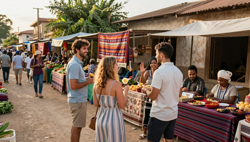 A vibrant scene depicting travelers engaging with local communities in a bustling street market. In the foreground, a group of diverse travelers, including a woman in a casual sundress and a man in a light shirt and shorts, interact warmly with local vendors, showcasing traditional crafts and fresh produce. In the middle ground, a colorful tapestry of market stalls adorned with handmade goods and exotic foods attracts the eye, while local residents smile and share stories. The background features quaint, rustic buildings with greenery interspersed, bathed in warm afternoon sunlight that creates a welcoming atmosphere. The scene is captured with a slightly elevated angle, emphasizing the connections being made and the lively energy of the market, evoking a sense of community and cultural exchange. A vibrant scene depicting travelers engaging with local communities in a bustling street market. In the foreground, a group of diverse travelers, including a woman in a casual sundress and a man in a light shirt and shorts, interact warmly with local vendors, showcasing traditional crafts and fresh produce. In the middle ground, a colorful tapestry of market stalls adorned with handmade goods and exotic foods attracts the eye, while local residents smile and share stories. The background features quaint, rustic buildings with greenery interspersed, bathed in warm afternoon sunlight that creates a welcoming atmosphere. The scene is captured with a slightly elevated angle, emphasizing the connections being made and the lively energy of the market, evoking a sense of community and cultural exchange.
